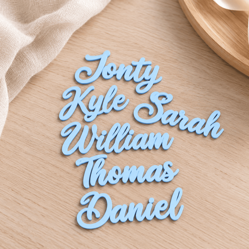 Personalised light blue acrylic wedding table name decorations in elegant script lettering, custom cut for wedding reception table styling.